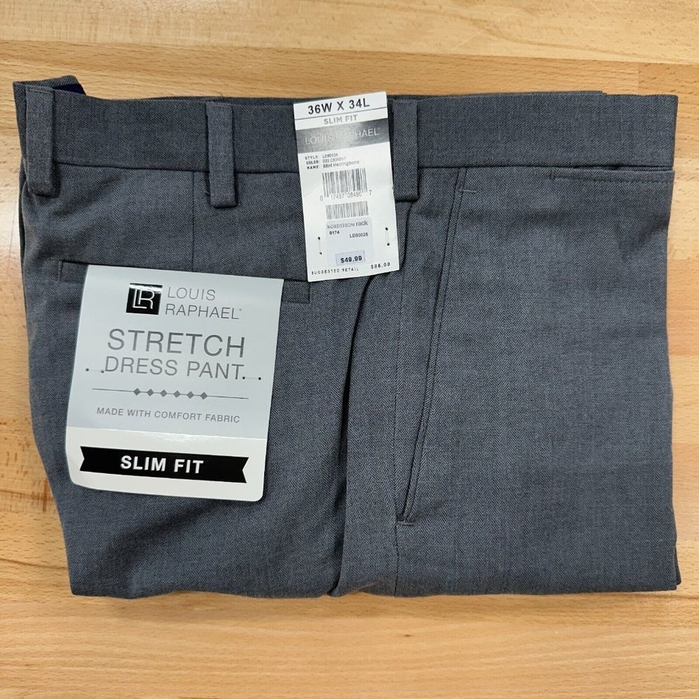 Louis Raphael Men's Slim Fit Dress Pants 36x34 Gray Straight Mini Herringbone